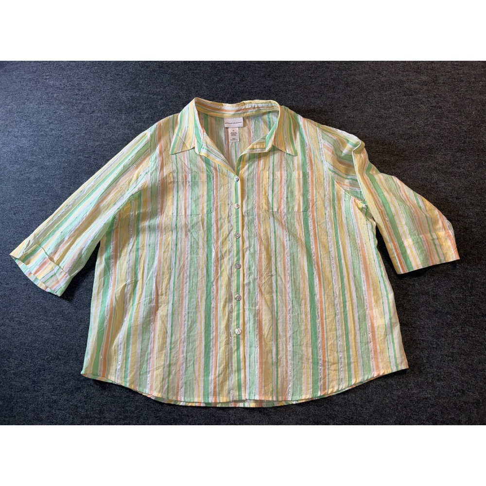 Alfred Dunner Button Down Shirt Womens XL Green Yellow Stripe Metallic